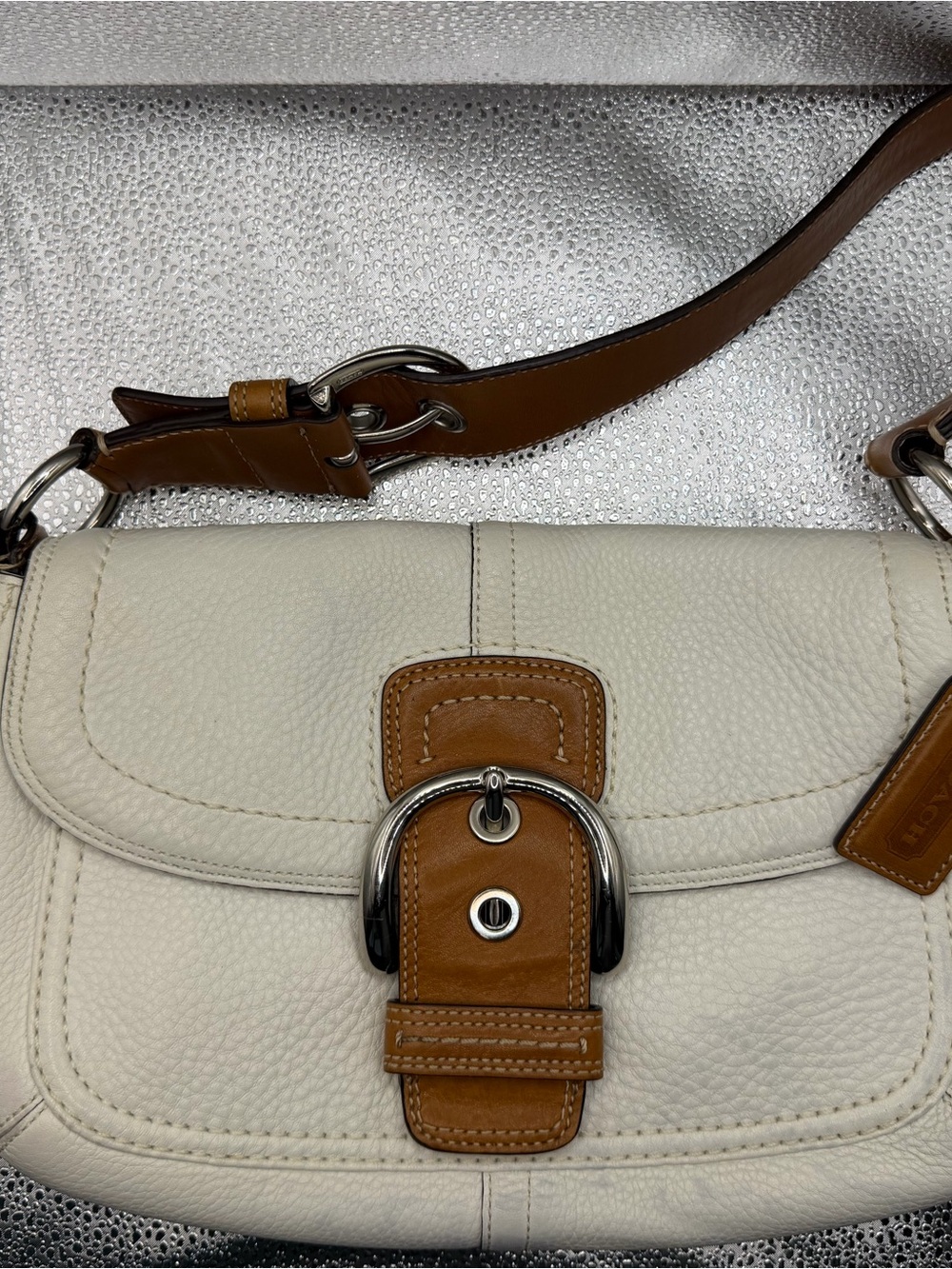 Coach Cream Leather Shoulder Bag with Tan Accents and Silver Hardware